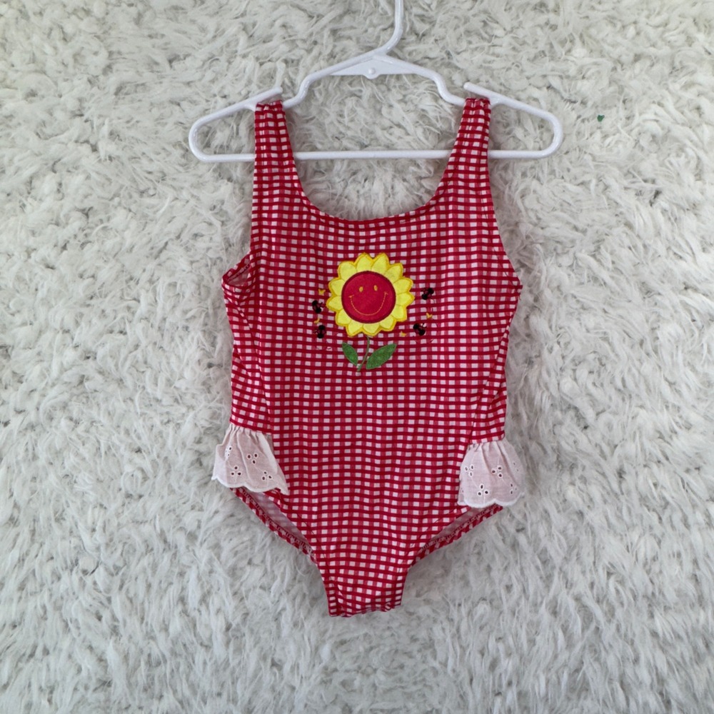 Unbranded Gingham One Piece Swimsuit Size 4T Red Sunflower Eyelet Ruffle Vintage